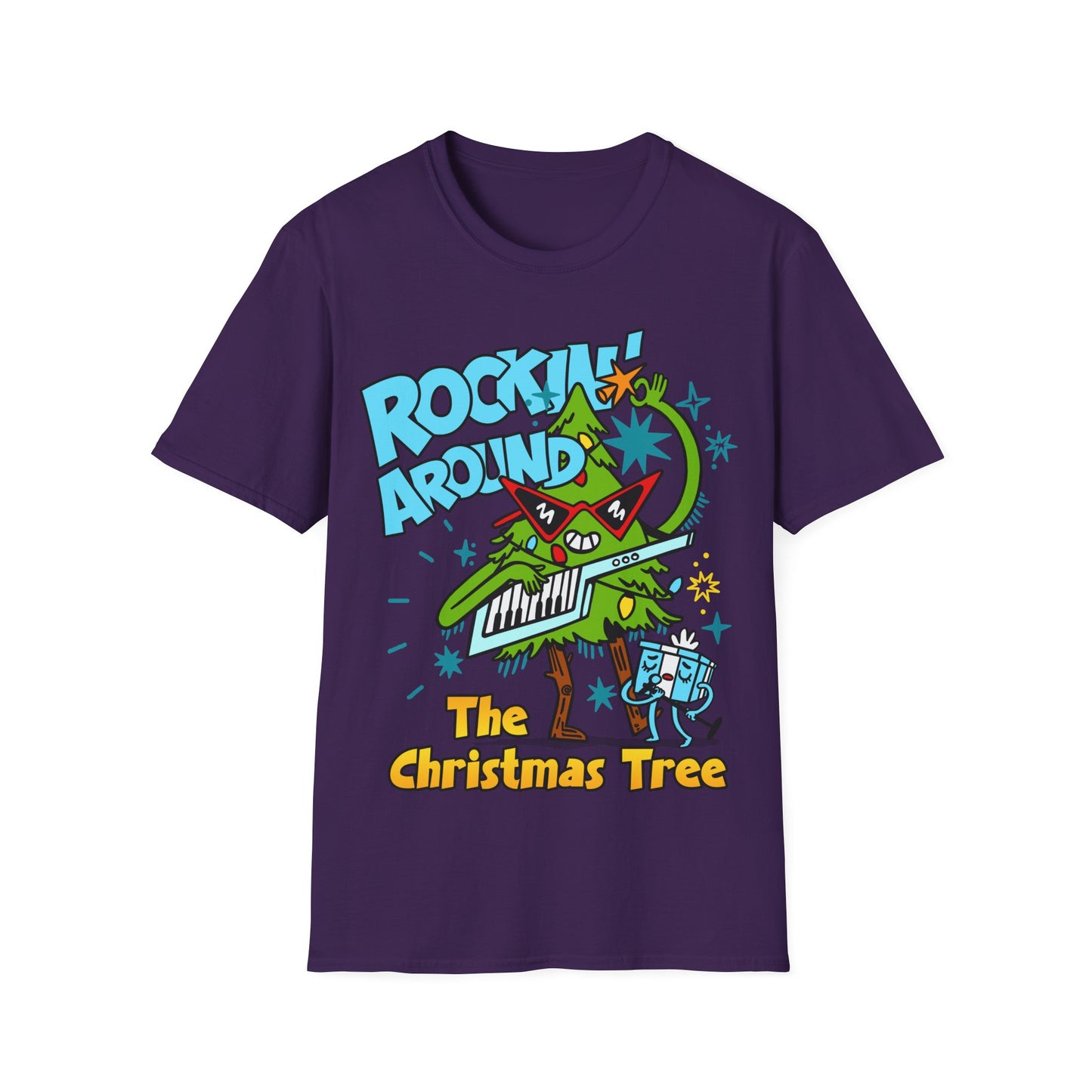 Retro Music Inspired purple t-shirt with a colourful graphic of a Christmas tree and text Rockin Around The Christmas Tree 