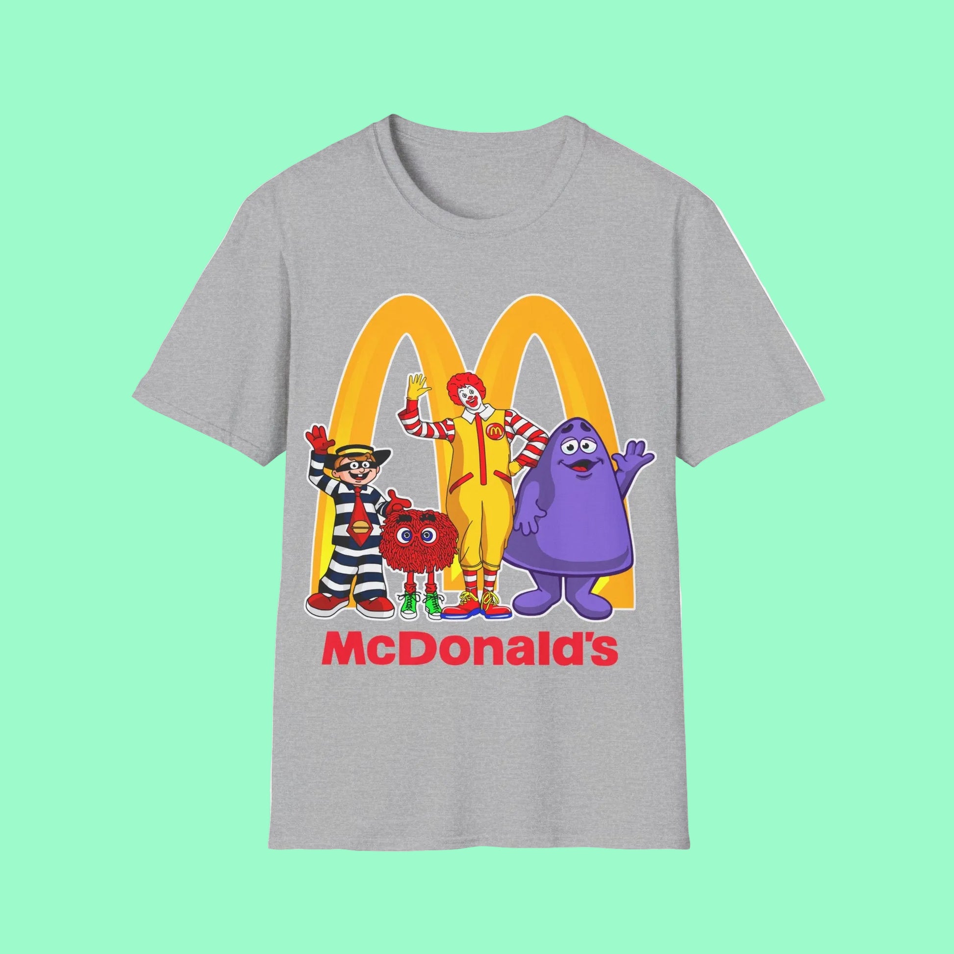 mc d's grey t-shirt with Ronald McDonald, Grimice, Hamburglar and a fry guy