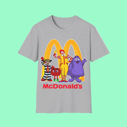 mc d's grey t-shirt with Ronald McDonald, Grimice, Hamburglar and a fry guy