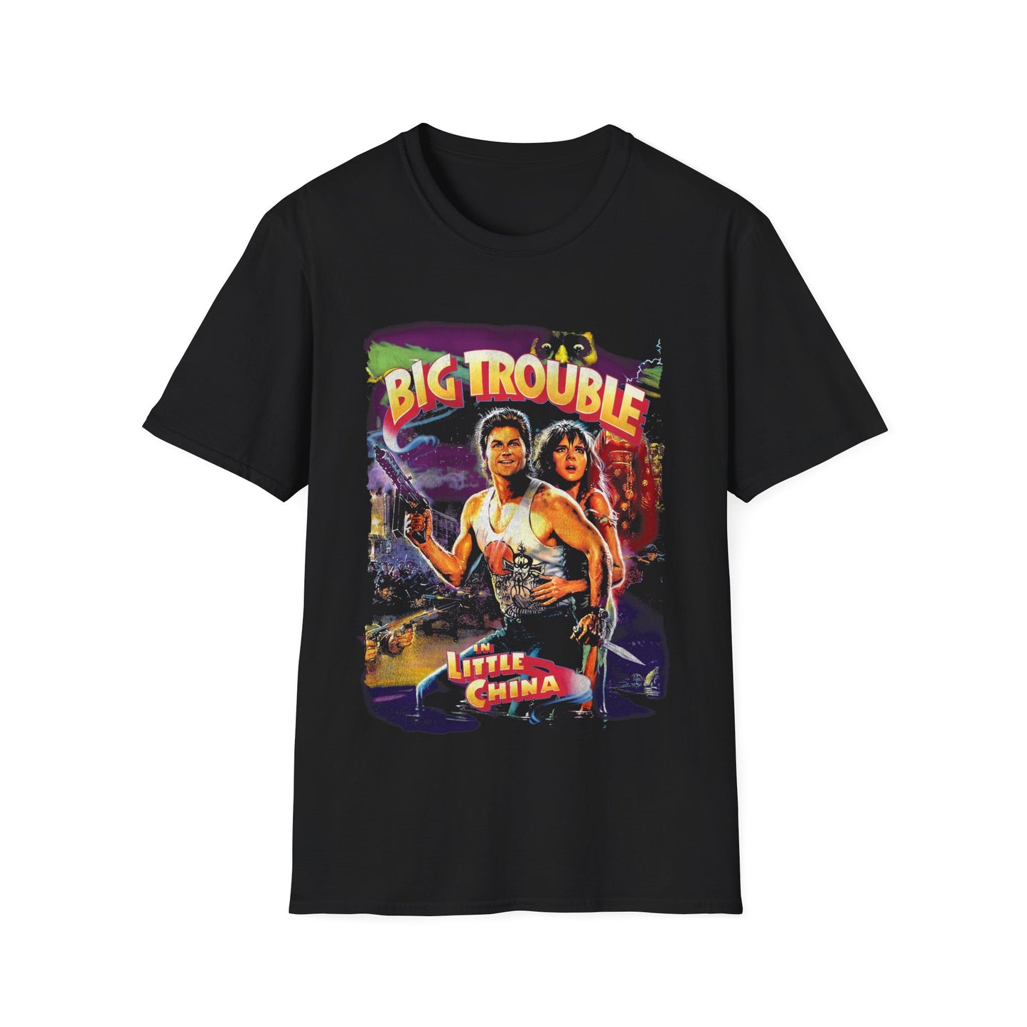 Black t-shirt with 'Big Trouble in Little China' graphic design on a white background