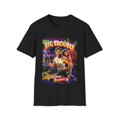 Black t-shirt with 'Big Trouble in Little China' graphic design on a white background