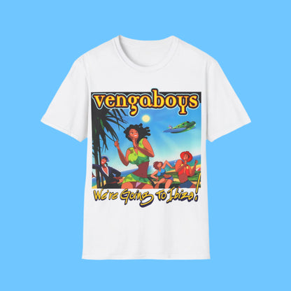 White t-shirt with Vengaboys graphic design with We're Going To Ibiza text on a white background