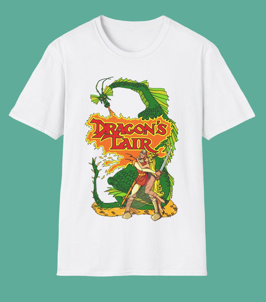 White t-shirt with 'Dragon's Lair' retro gaming graphic design featuring a dragon and a character.