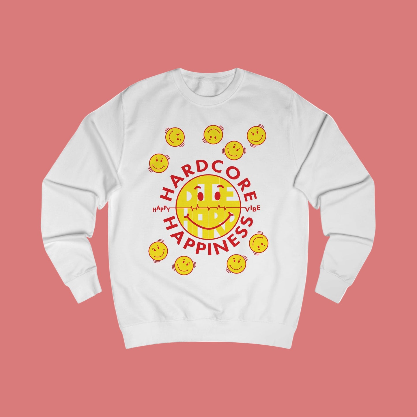 90s Raver White sweatshirt with yellow smiley faces and red Hardcore Happiness text on a white background