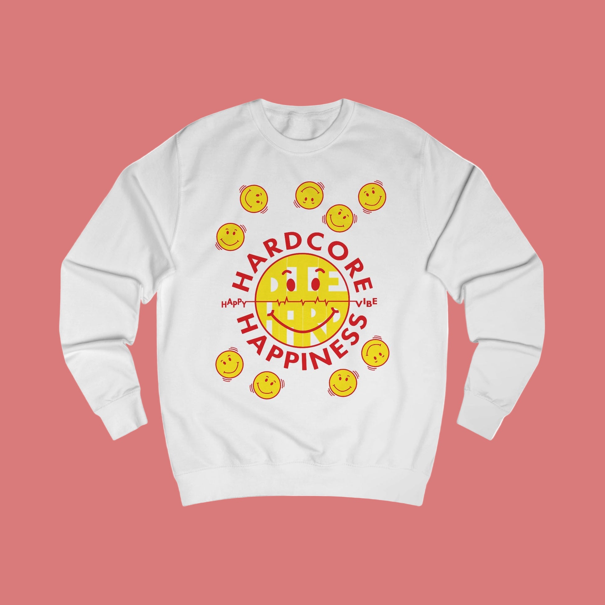 90s Raver White sweatshirt with yellow smiley faces and red Hardcore Happiness text on a white background