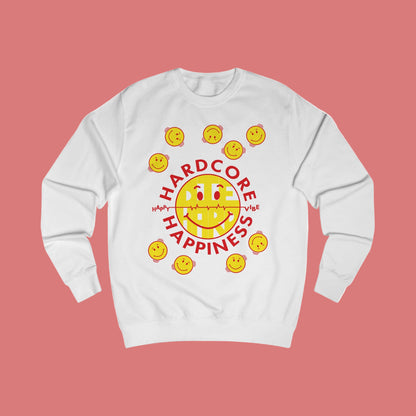 90s Raver White sweatshirt with yellow smiley faces and red Hardcore Happiness text on a white background