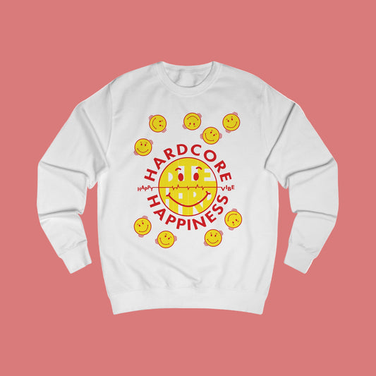 90s Raver White sweatshirt with yellow smiley faces and red Hardcore Happiness text on a white background
