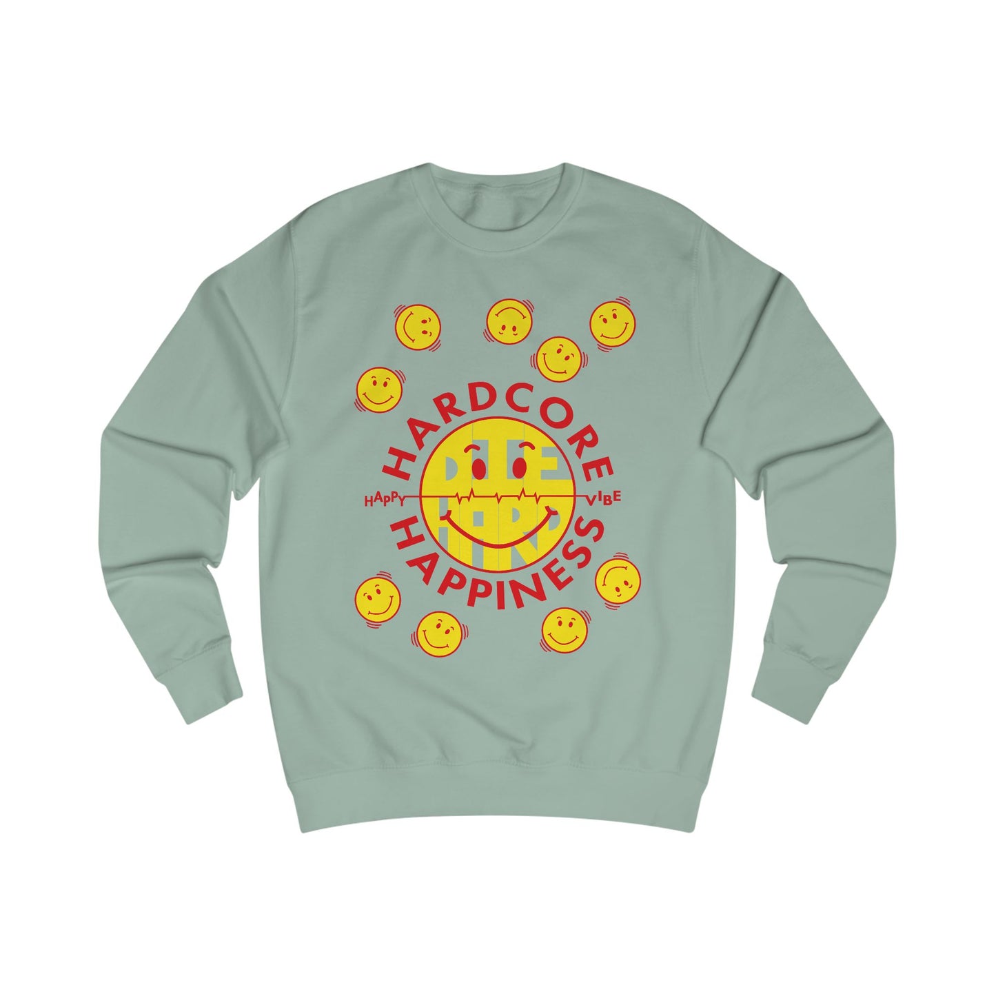 90s rave Light green sweatshirt with smiley faces and 'Hardcore Happiness' text on a white background