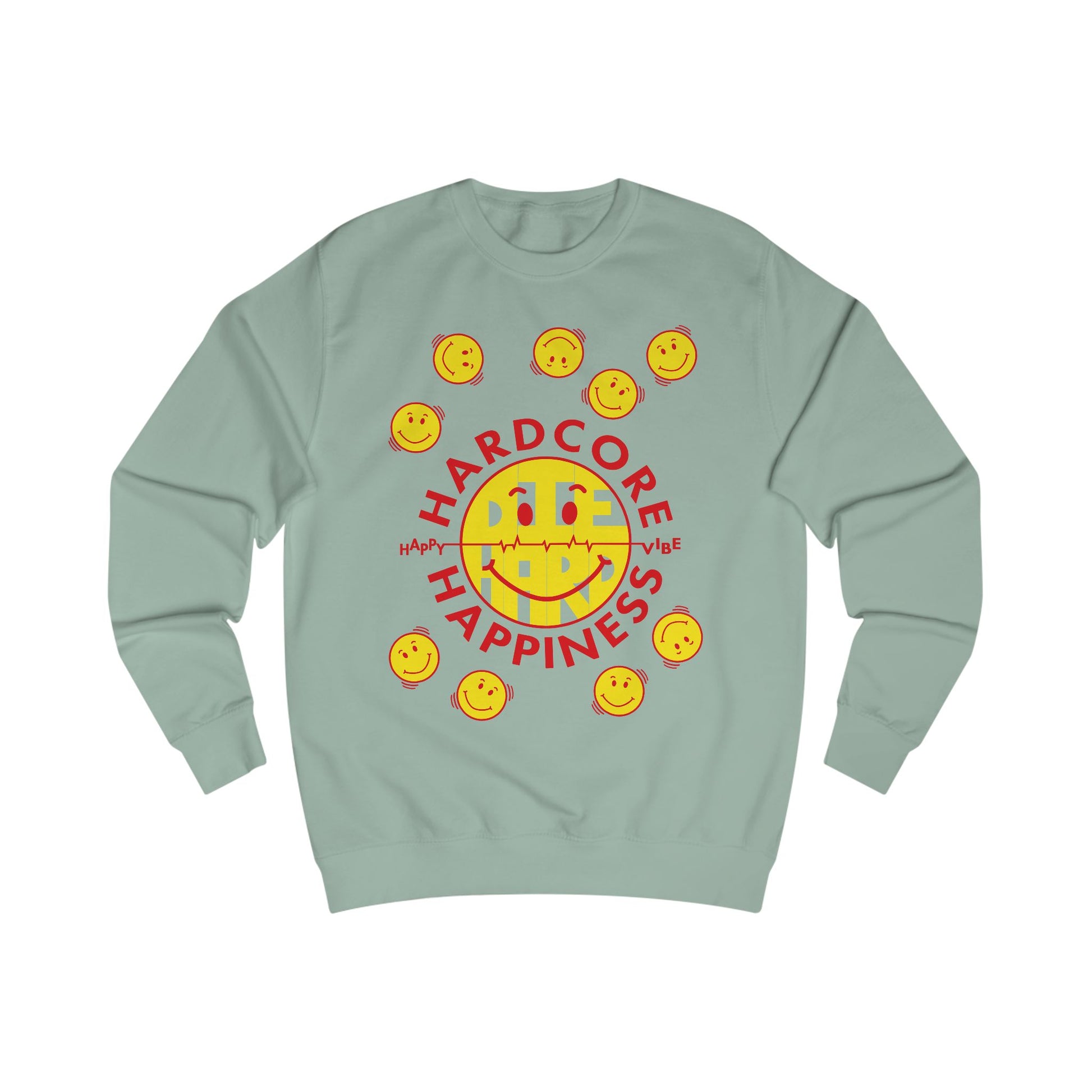 90s rave Light green sweatshirt with smiley faces and 'Hardcore Happiness' text on a white background