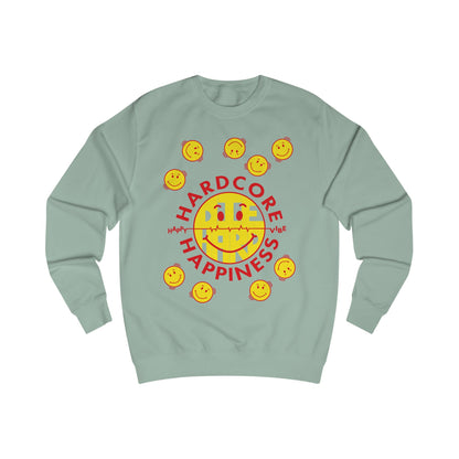 90s rave Light green sweatshirt with smiley faces and 'Hardcore Happiness' text on a white background