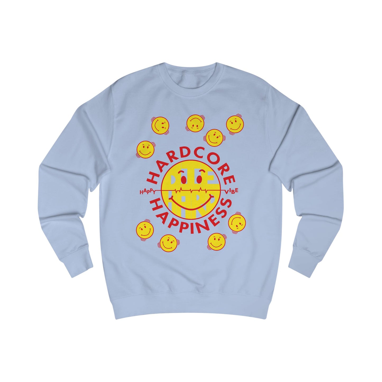 90s Raver blue sweatshirt with yellow smiley faces and red Hardcore Happiness text on a white background