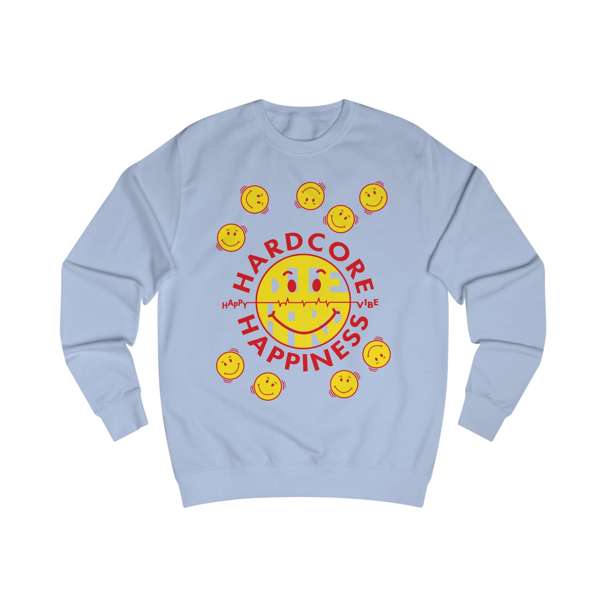 90s Raver blue sweatshirt with yellow smiley faces and red Hardcore Happiness text on a white background