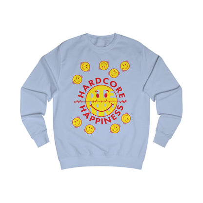 90s Raver blue sweatshirt with yellow smiley faces and red Hardcore Happiness text on a white background