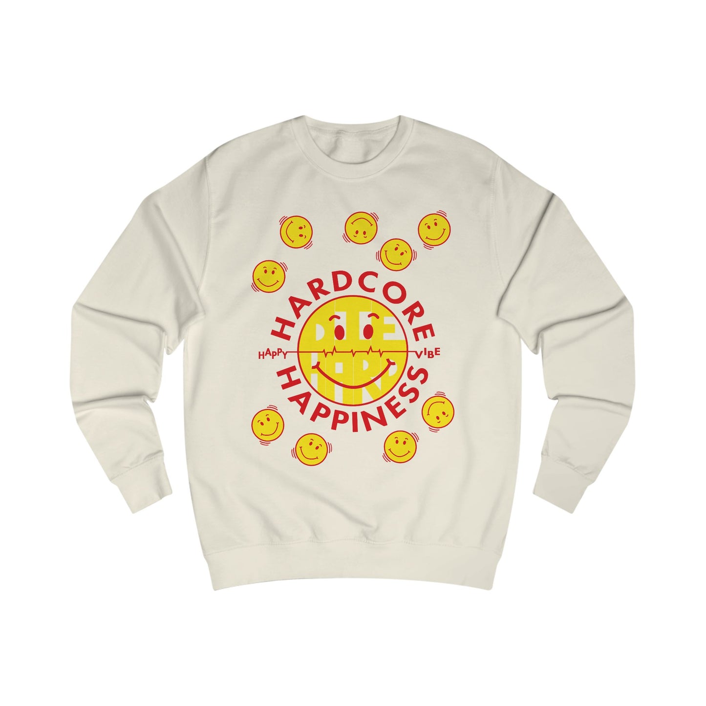 90s Raver beige sweatshirt with yellow smiley faces and red Hardcore Happiness text on a white background