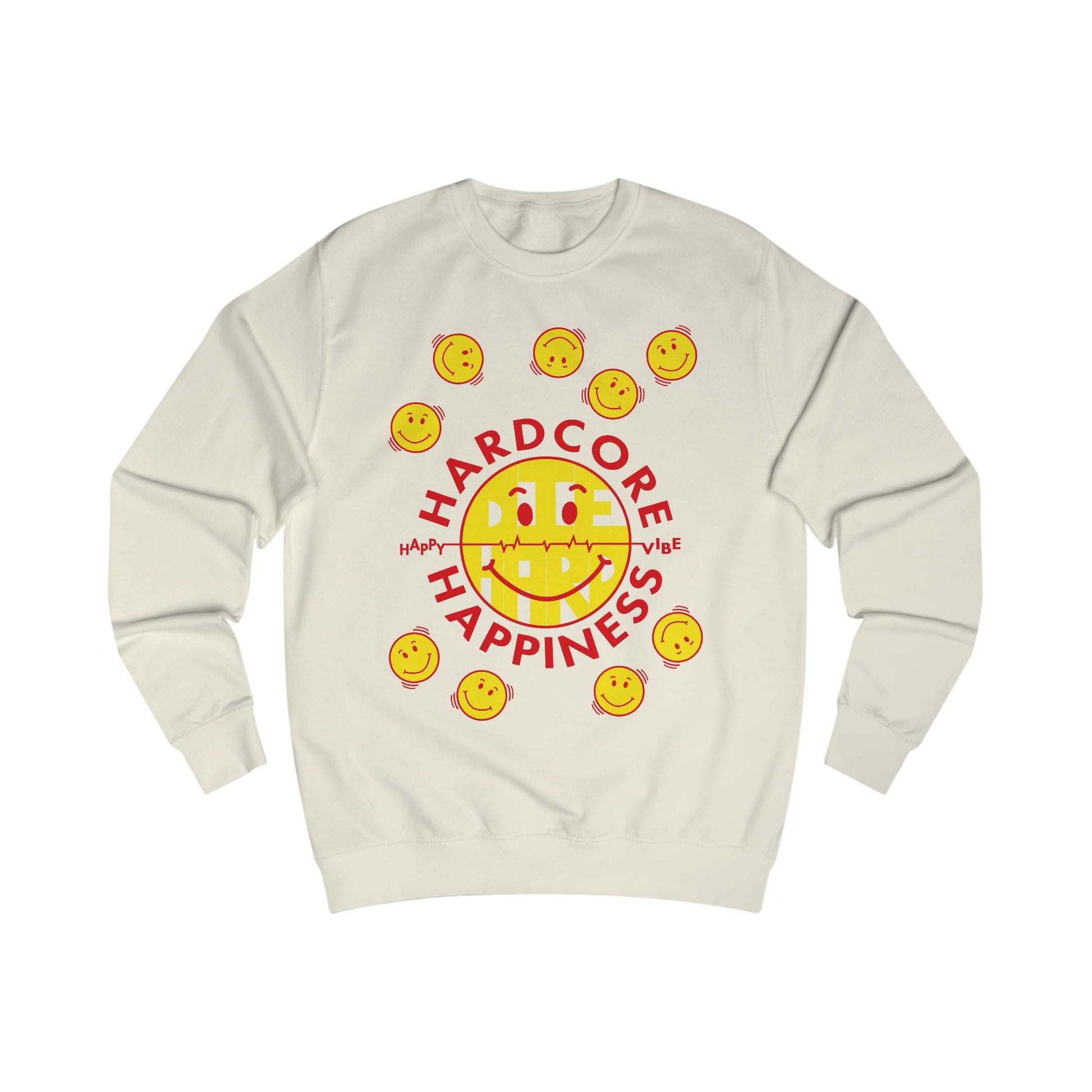 90s Raver beige sweatshirt with yellow smiley faces and red Hardcore Happiness text on a white background