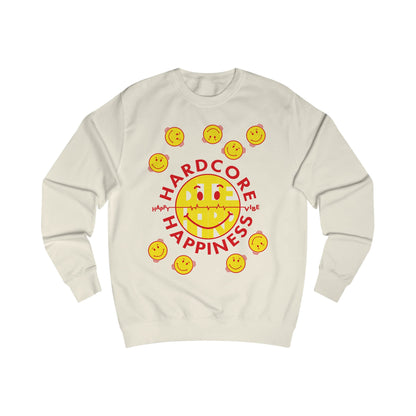 90s Raver beige sweatshirt with yellow smiley faces and red Hardcore Happiness text on a white background