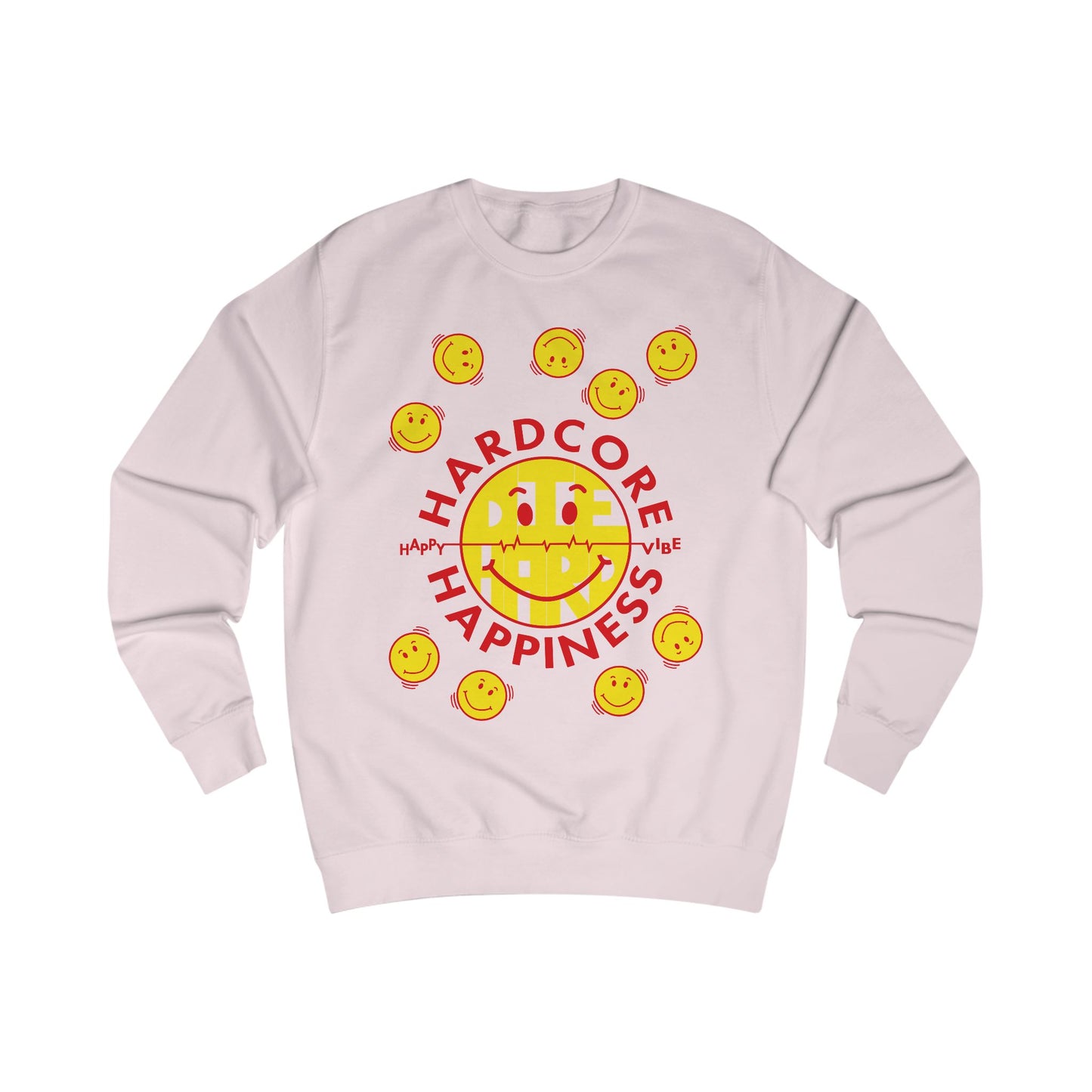 90s Raver pink sweatshirt with yellow smiley faces and red Hardcore Happiness text on a white background