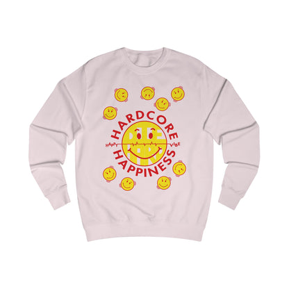90s Raver pink sweatshirt with yellow smiley faces and red Hardcore Happiness text on a white background