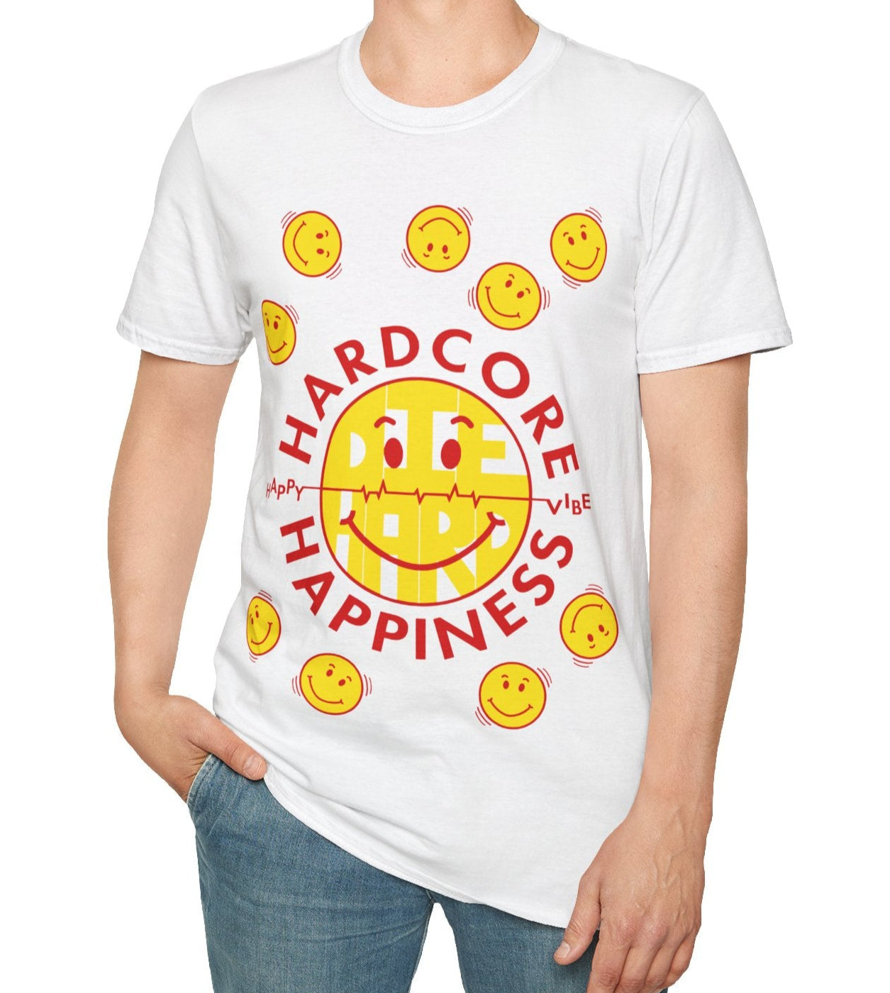 Person wearing a white t-shirt with smiley faces and text on a white background