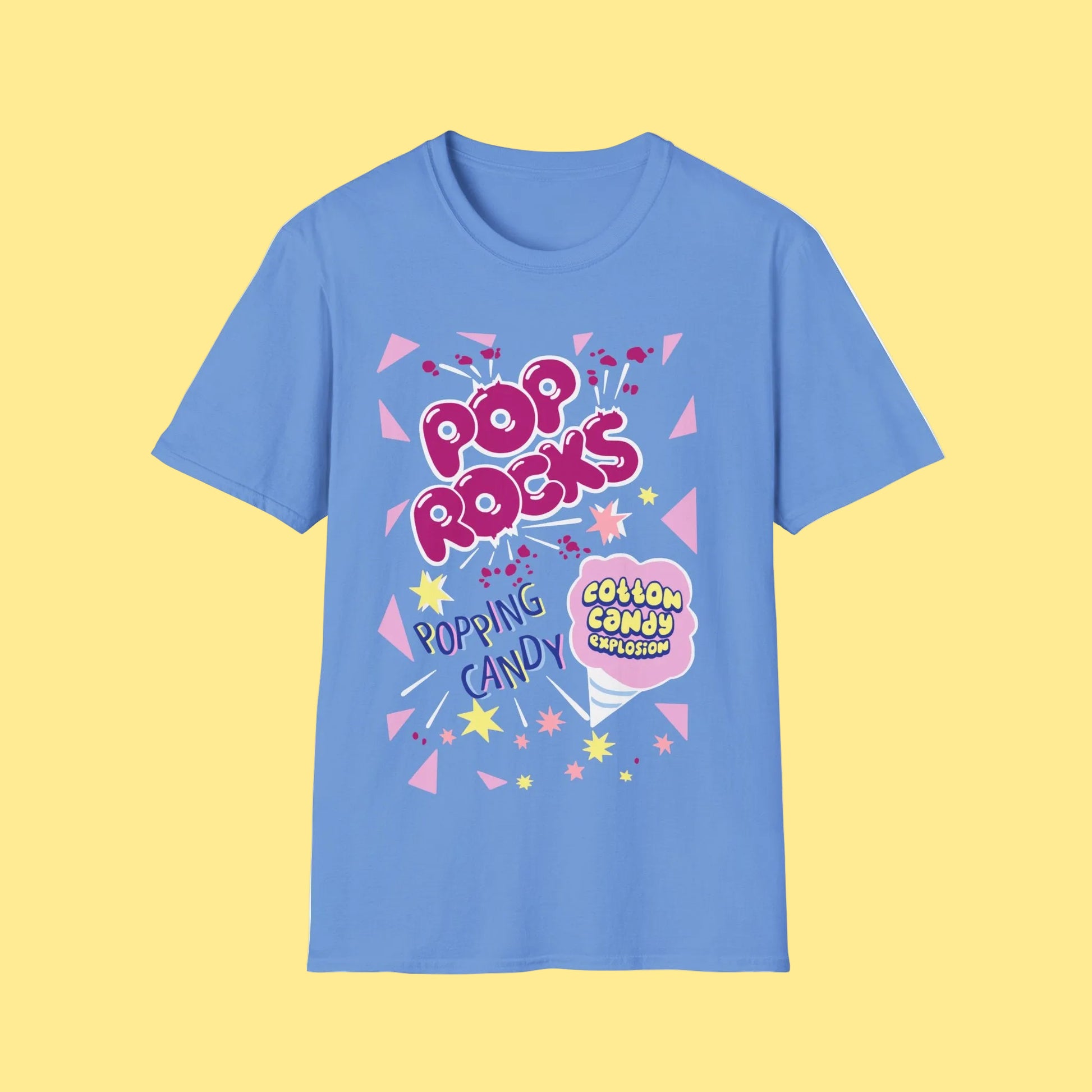 Blue t-shirt with 'Pop Rocks' cotton candy design 