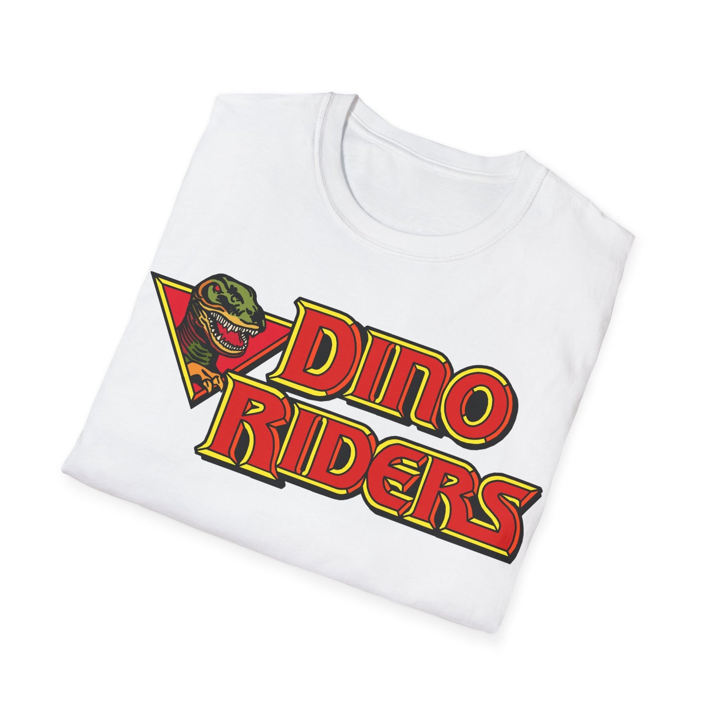 White t-shirt with 'Dino Riders' graphic design on a white background