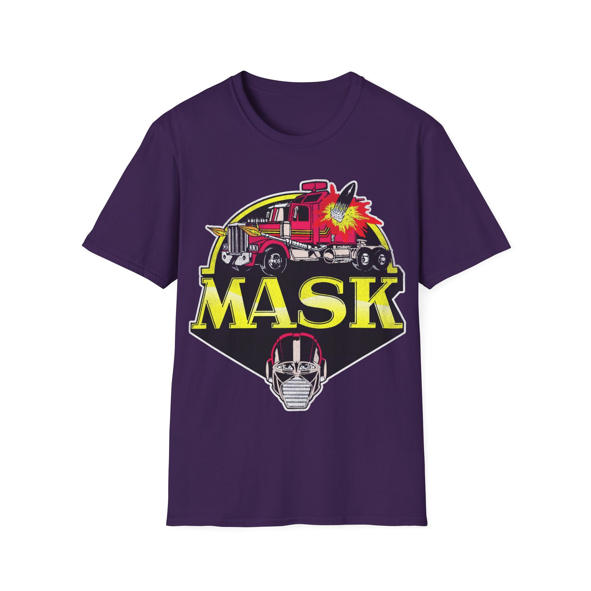 Purple t-shirt with 'MASK' graphic design featuring a fire truck and mask on a white background