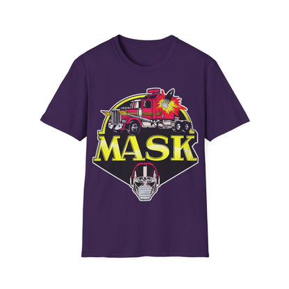 Purple t-shirt with 'MASK' graphic design featuring a fire truck and mask on a white background