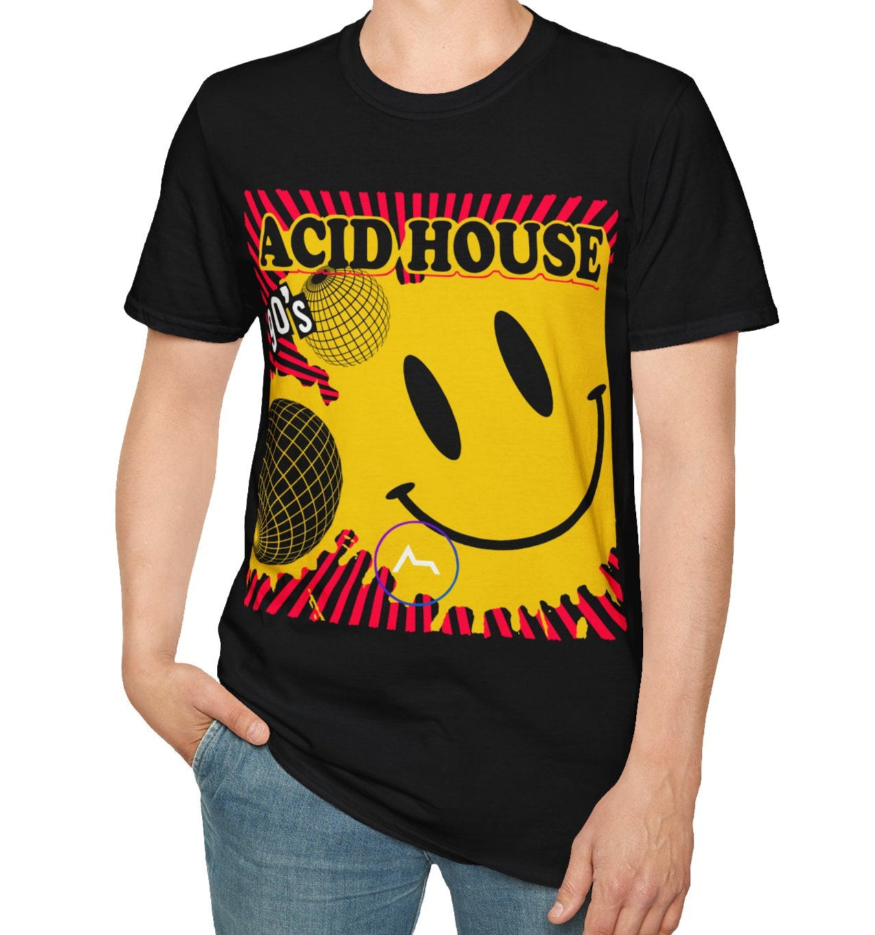 Person wearing a black t-shirt with a yellow smiley face and 'Acid House' text on a white background