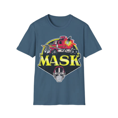 Blue t-shirt with 'MASK' graphic design featuring a fire truck and mask on a white background