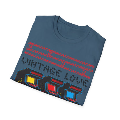 Folded blue t-shirt with 'Vintage Love' text and colorful design on a white background