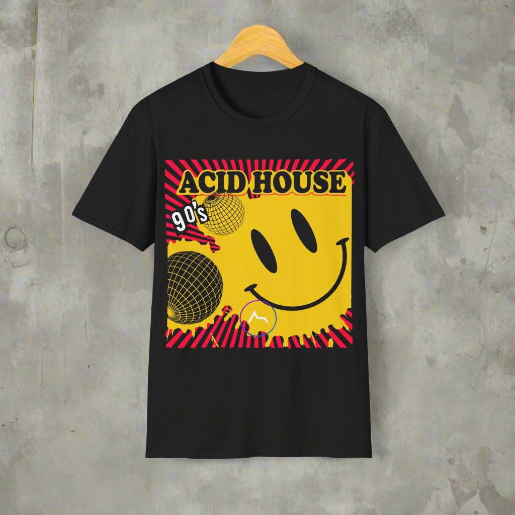 Black t-shirt with a smiley face graphic and 'Acid House 90's' text on a white background