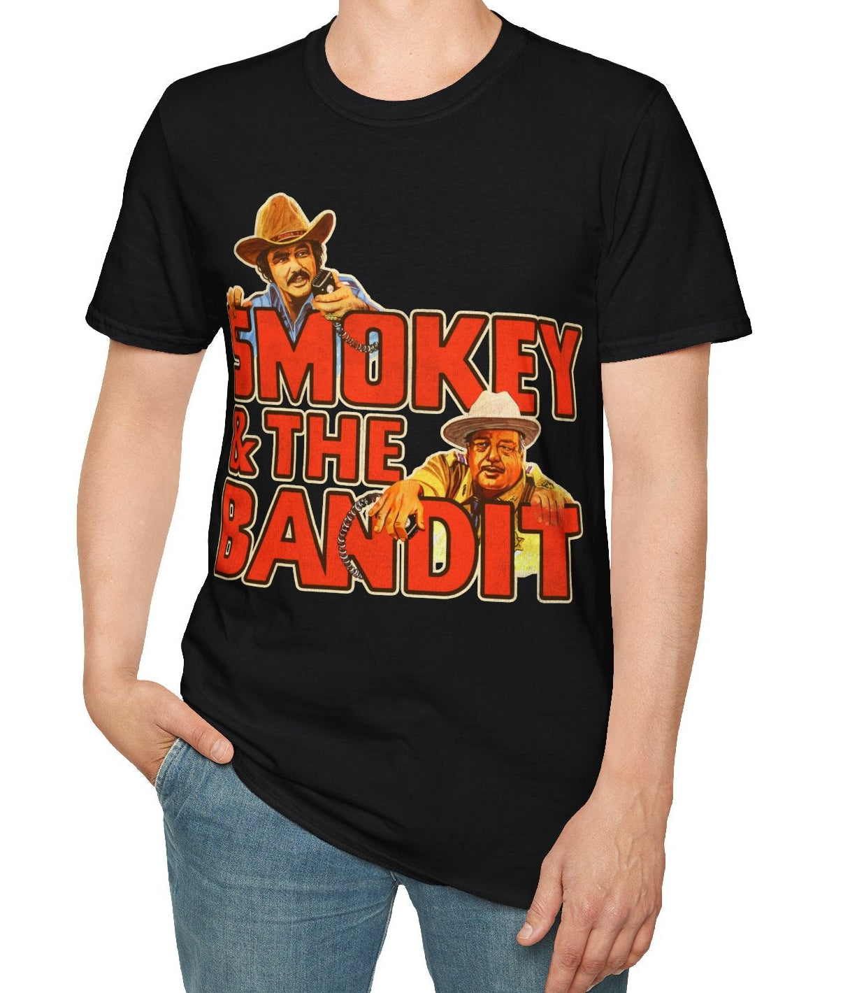 Person wearing a black t-shirt with 'Smokey and the Bandit' graphic design on a white background