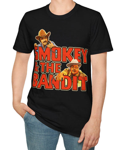 Person wearing a black t-shirt with 'Smokey and the Bandit' graphic design on a white background
