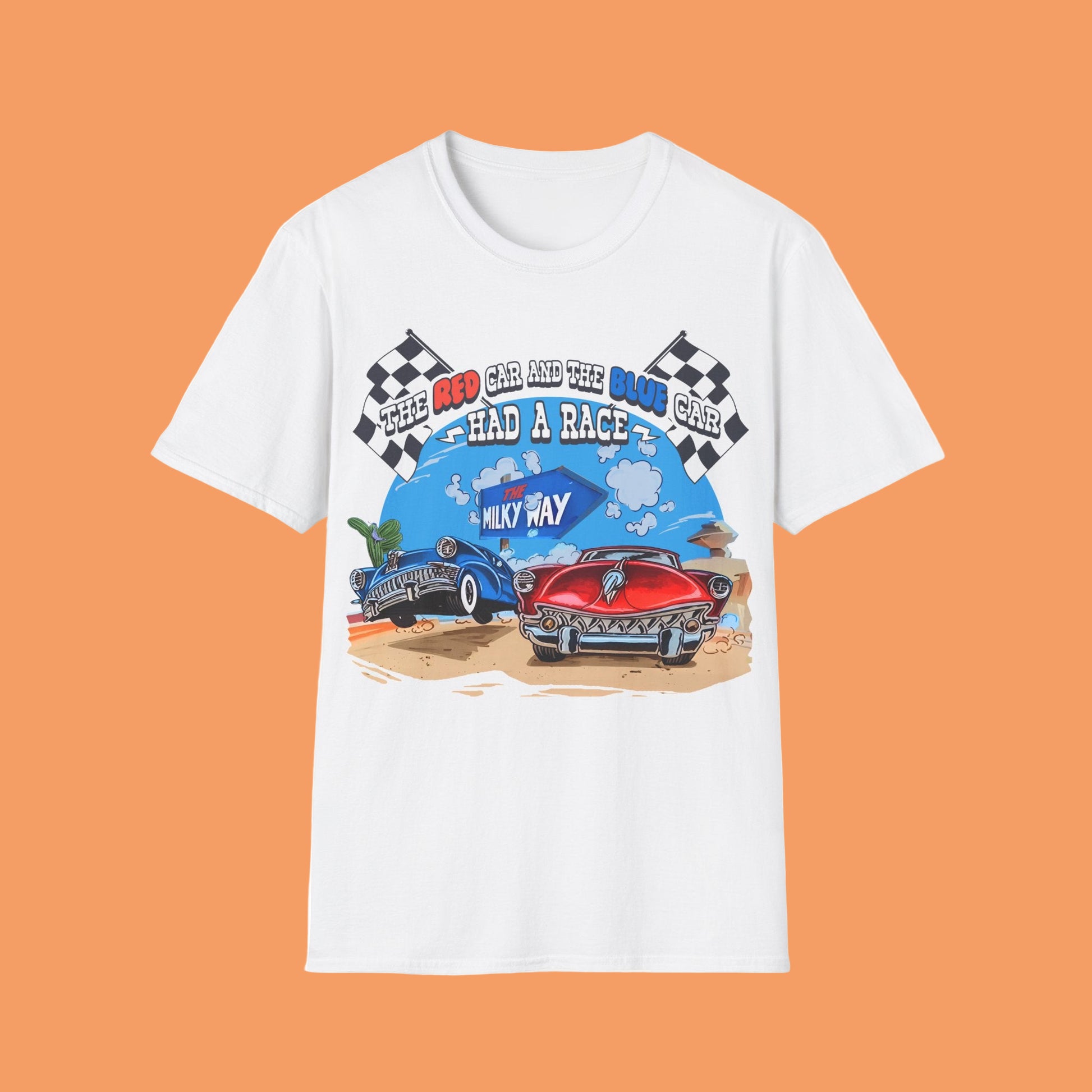 White t-shirt with a graphic of two cars racing with text The Red Car And The Blue Car Had A Race from an 80s TV advert
