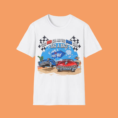 White t-shirt with a graphic of two cars racing with text The Red Car And The Blue Car Had A Race from an 80s TV advert
