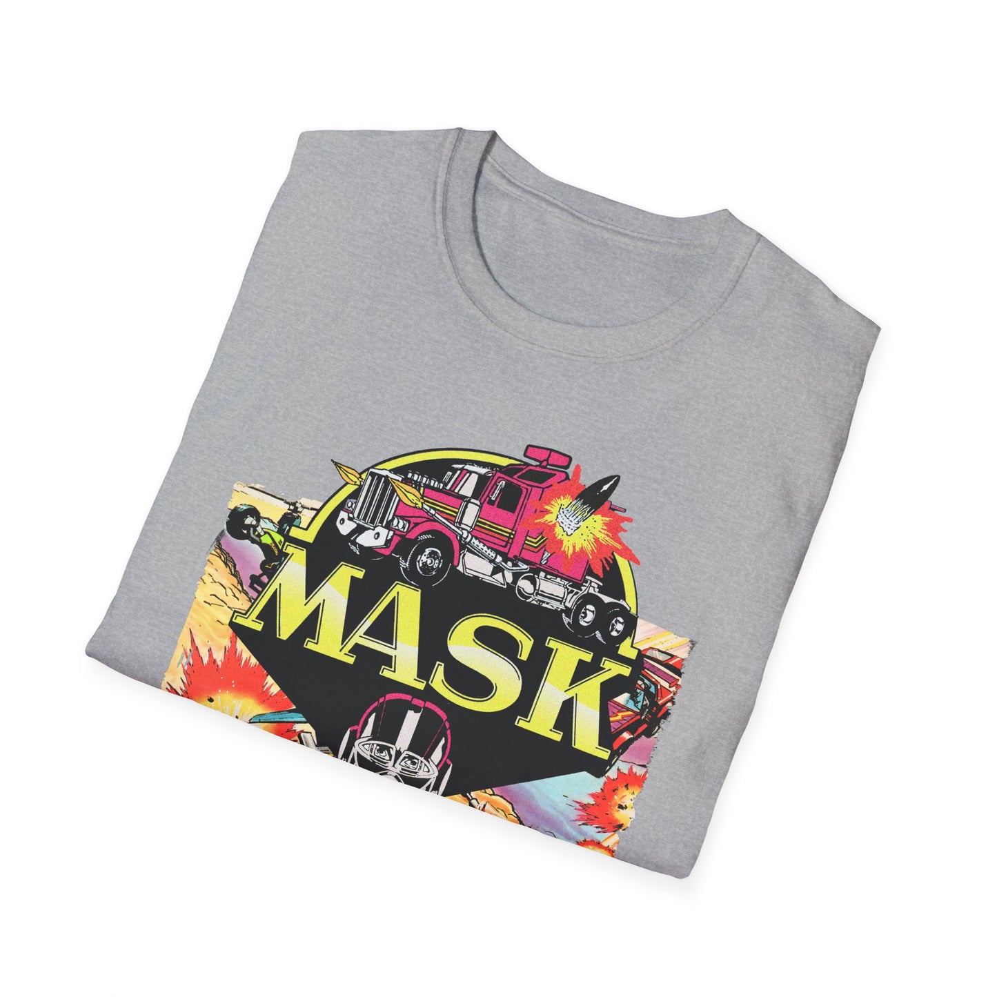 Folded gray t-shirt with colorful 'MASK' graphic design on a white background