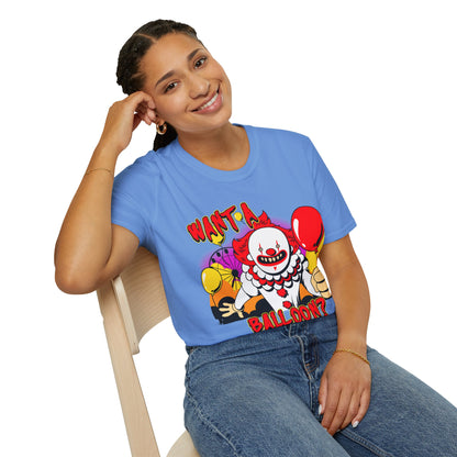Person wearing a blue t-shirt with a clown graphic and text 'Want a balloon?' on a white background