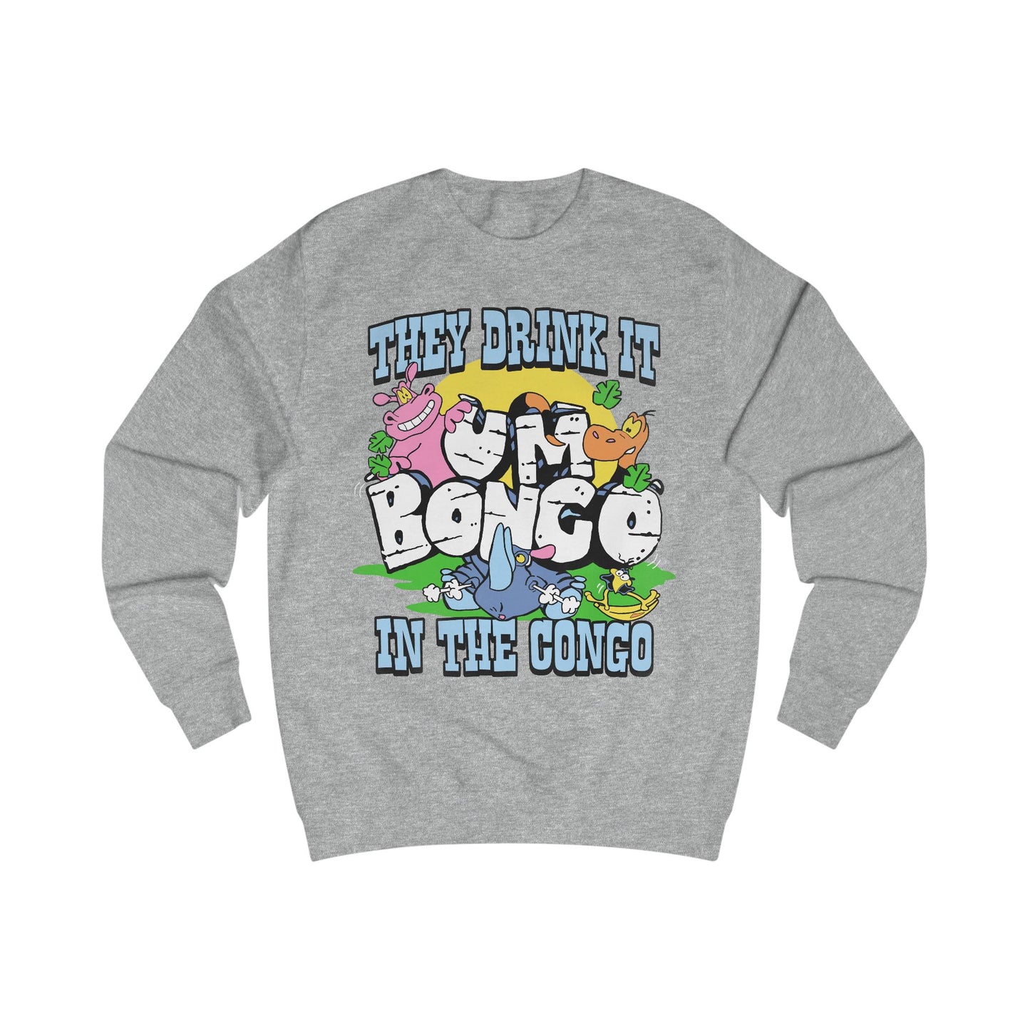 Official Um Bongo They Drink It In The Congo grey sweatshirt with colourful graphic Rhino  design, Exclusive to Retro Tees