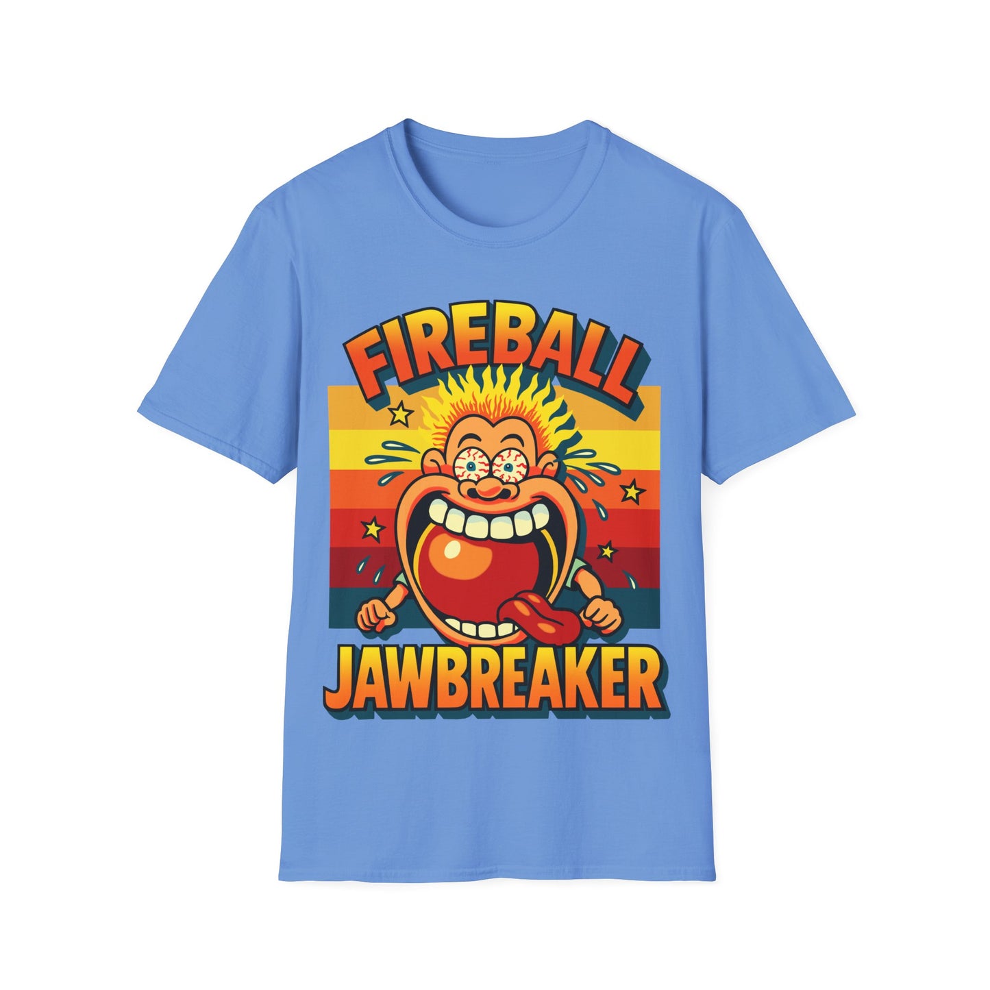 Blue t-shirt with a colorful graphic and 'Fireball Jawbreaker' text on a white background