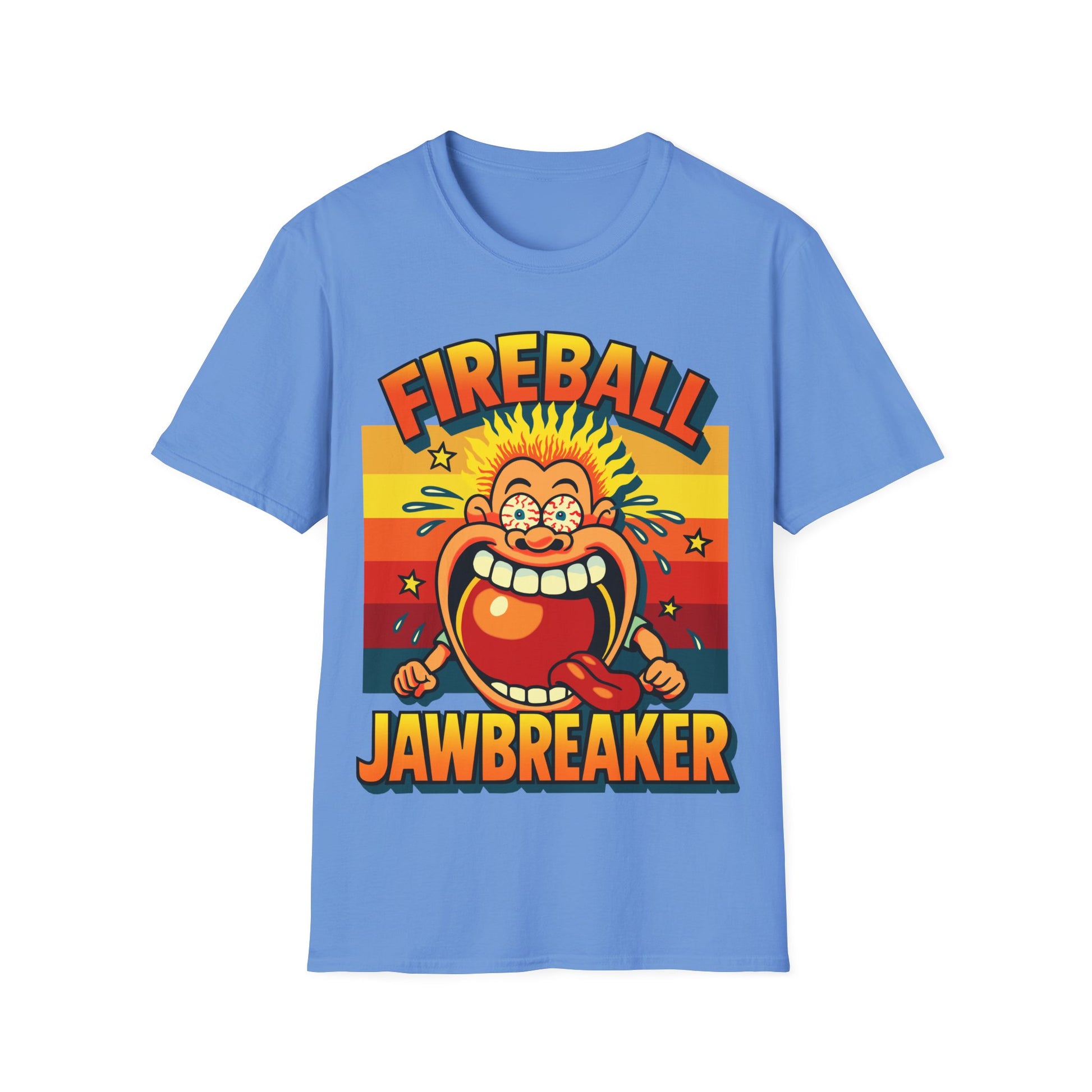 Blue t-shirt with a colorful graphic and 'Fireball Jawbreaker' text on a white background
