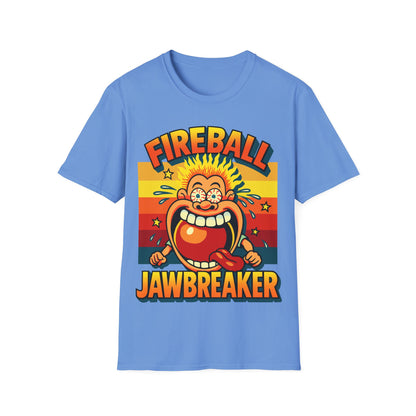 Blue t-shirt with a colorful graphic and 'Fireball Jawbreaker' text on a white background