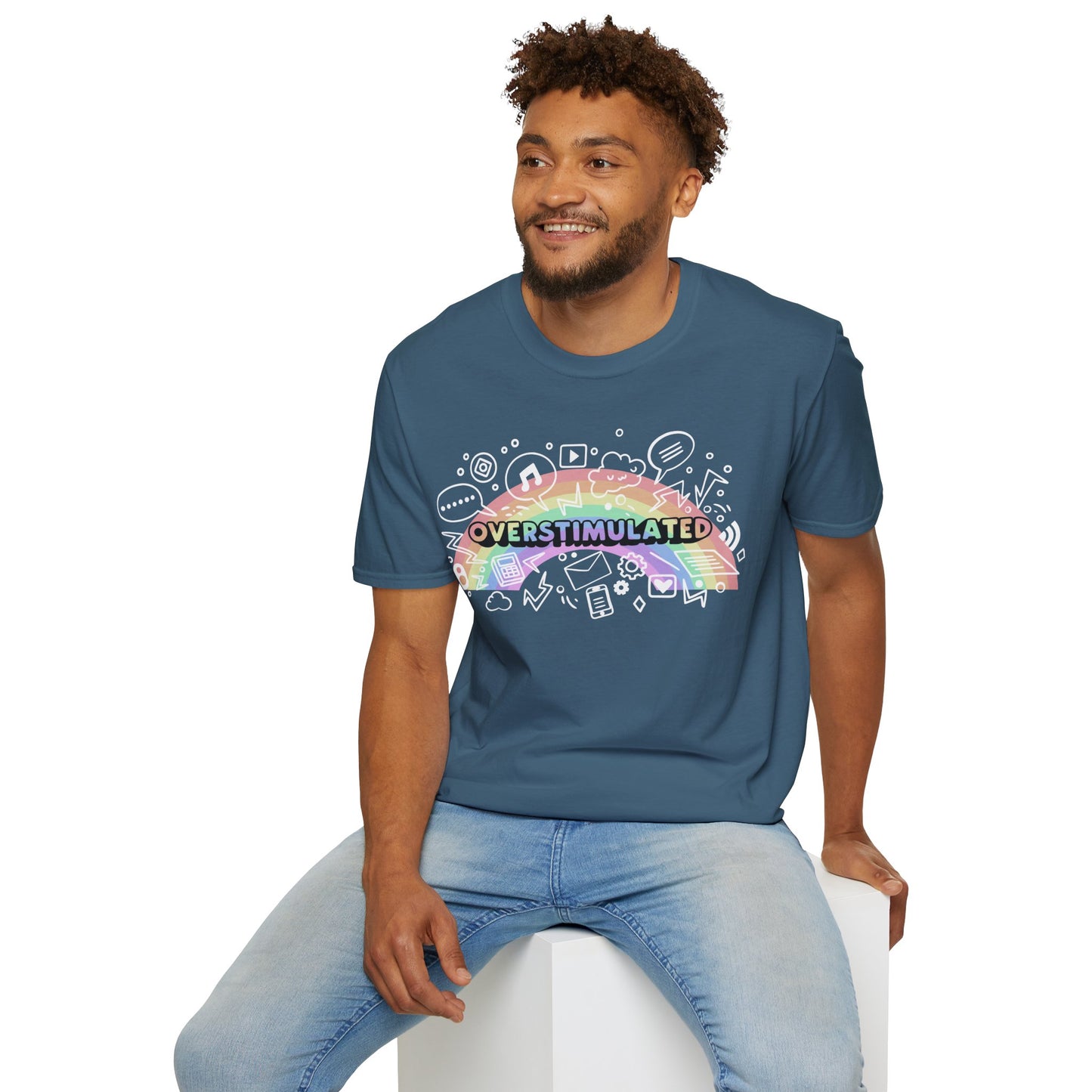 Man wearing a blue t-shirt with a colorful graphic and text on a white background