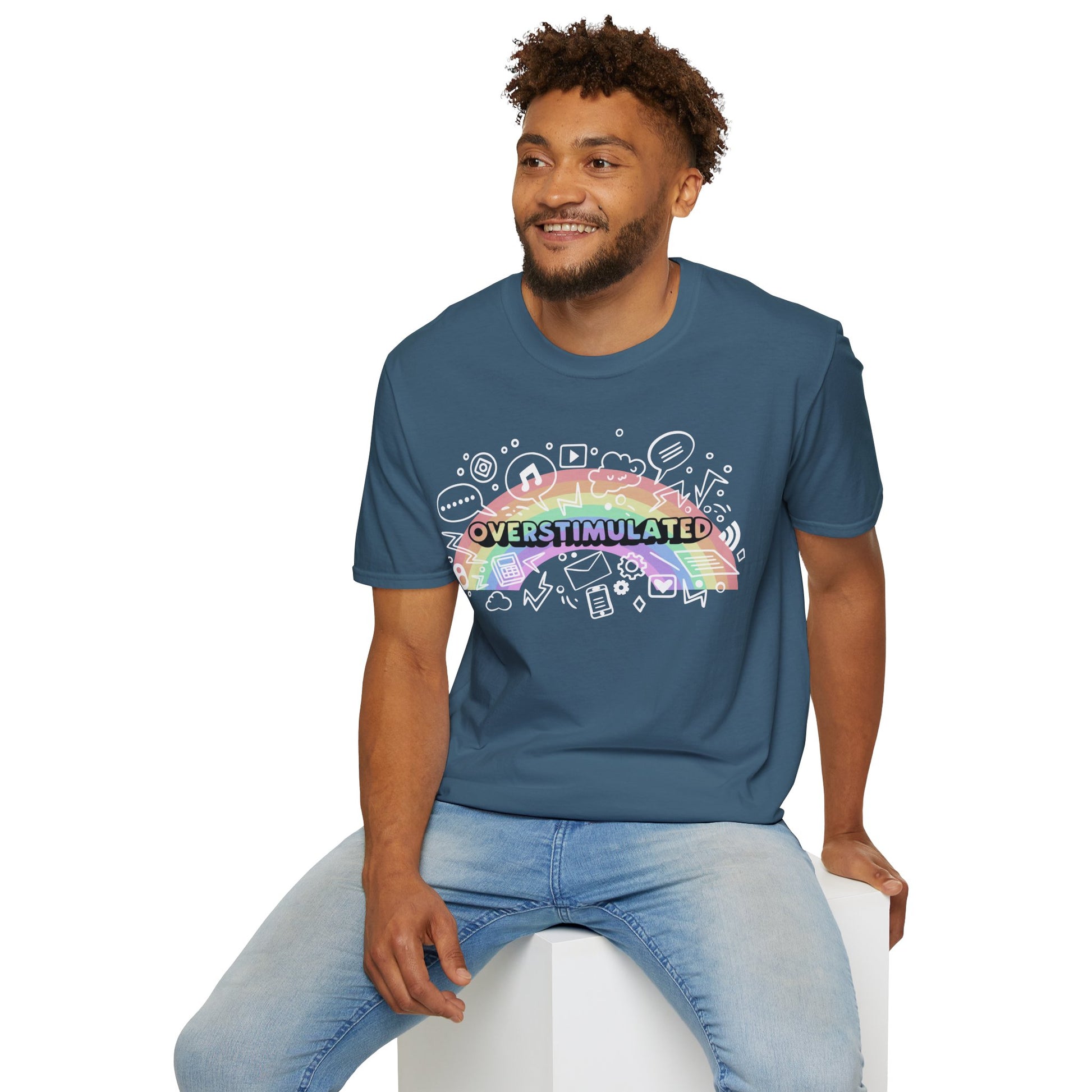 Man wearing a blue t-shirt with a colorful graphic and text on a white background