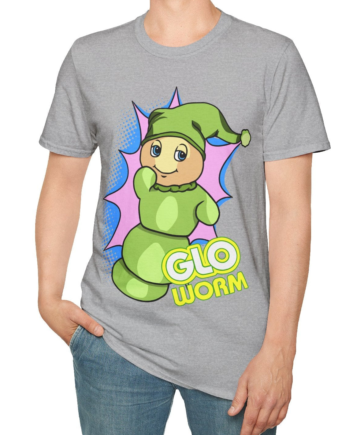 Person wearing a gray t-shirt with a green character and 'Glo Worm' text on a white background