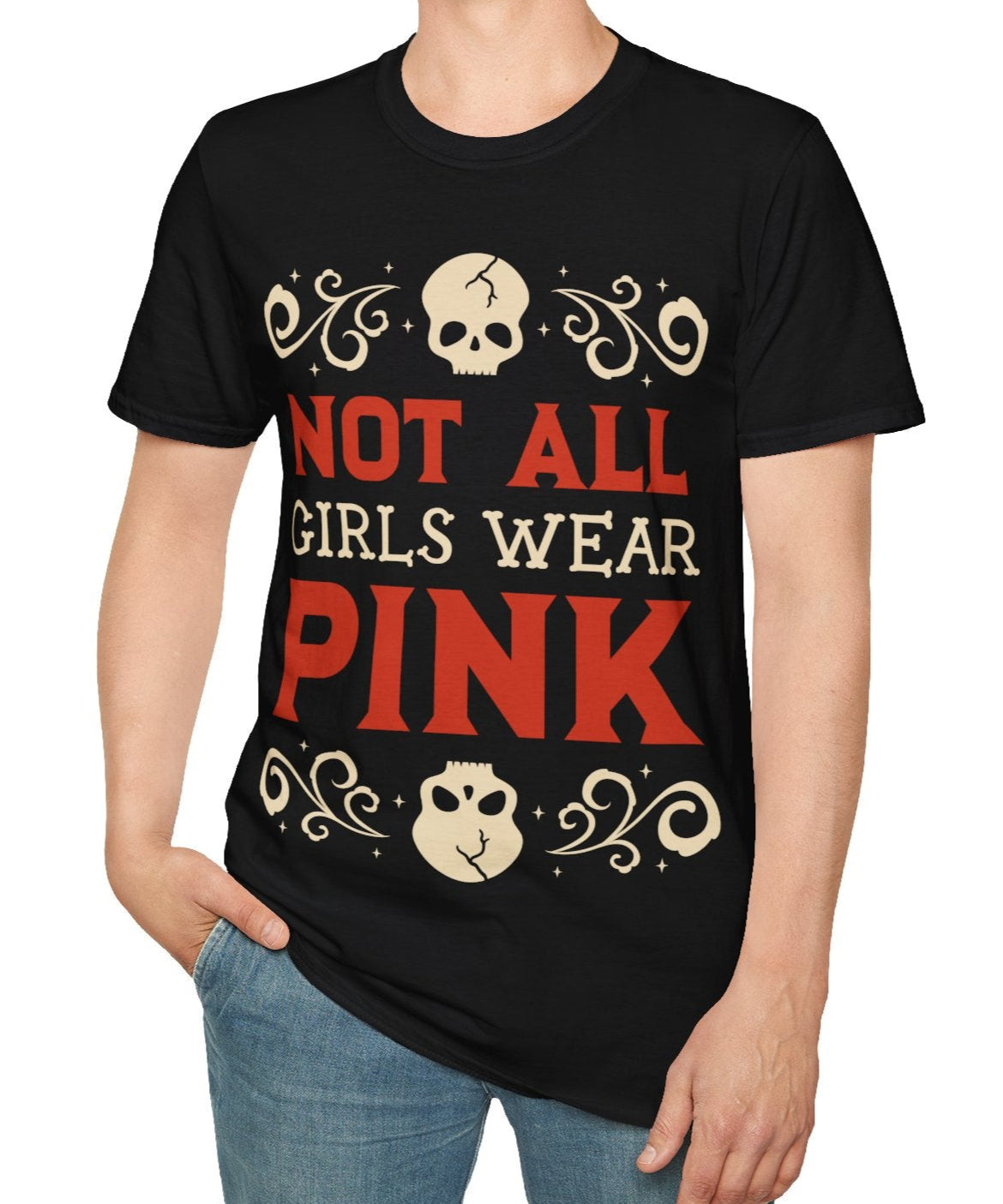 Person wearing a black t-shirt with 'Not All Girls Wear Pink' text on a white background