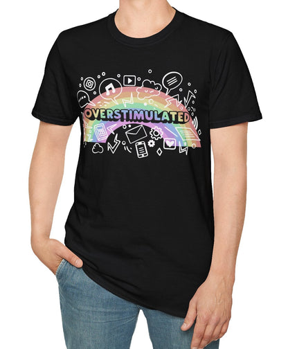Person wearing a black t-shirt with colorful graphics and text on a white background