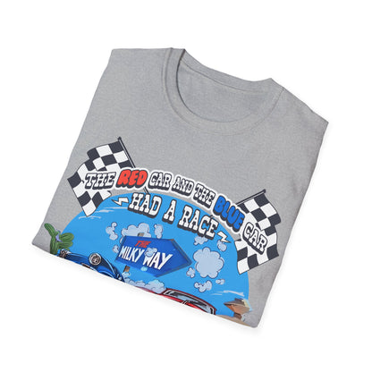 Folded t-shirt with a graphic of The red car and the blue car had a race around the Milky Way