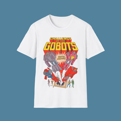 White t-shirt with 'Challenge of the GoBots' graphic design on a white background