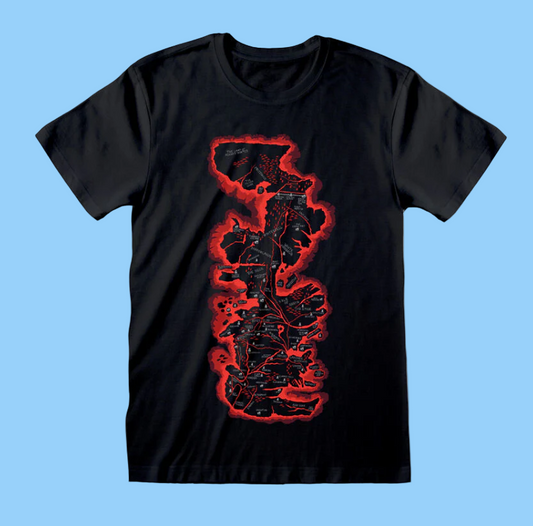 Short sleeve black t-shirt featuring House of Dragon Map in red, black and grey. Official merchandise Game Of Thrones prequel 