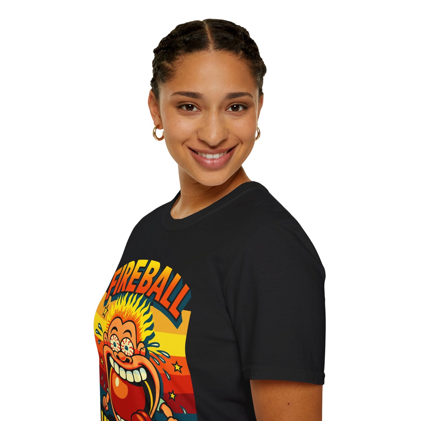 Person wearing a black t-shirt with a colourful 80s sweets graphic design and text Fireball Jawbreaker.